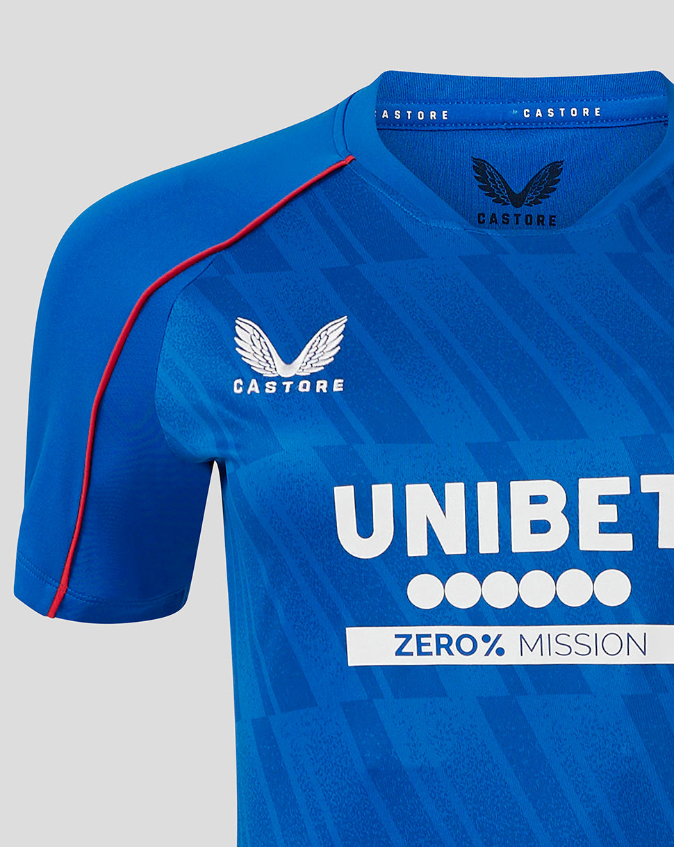 Blue Rangers Women home shirt close up of left chest with Rangers crest and Castore branding at the neckline.