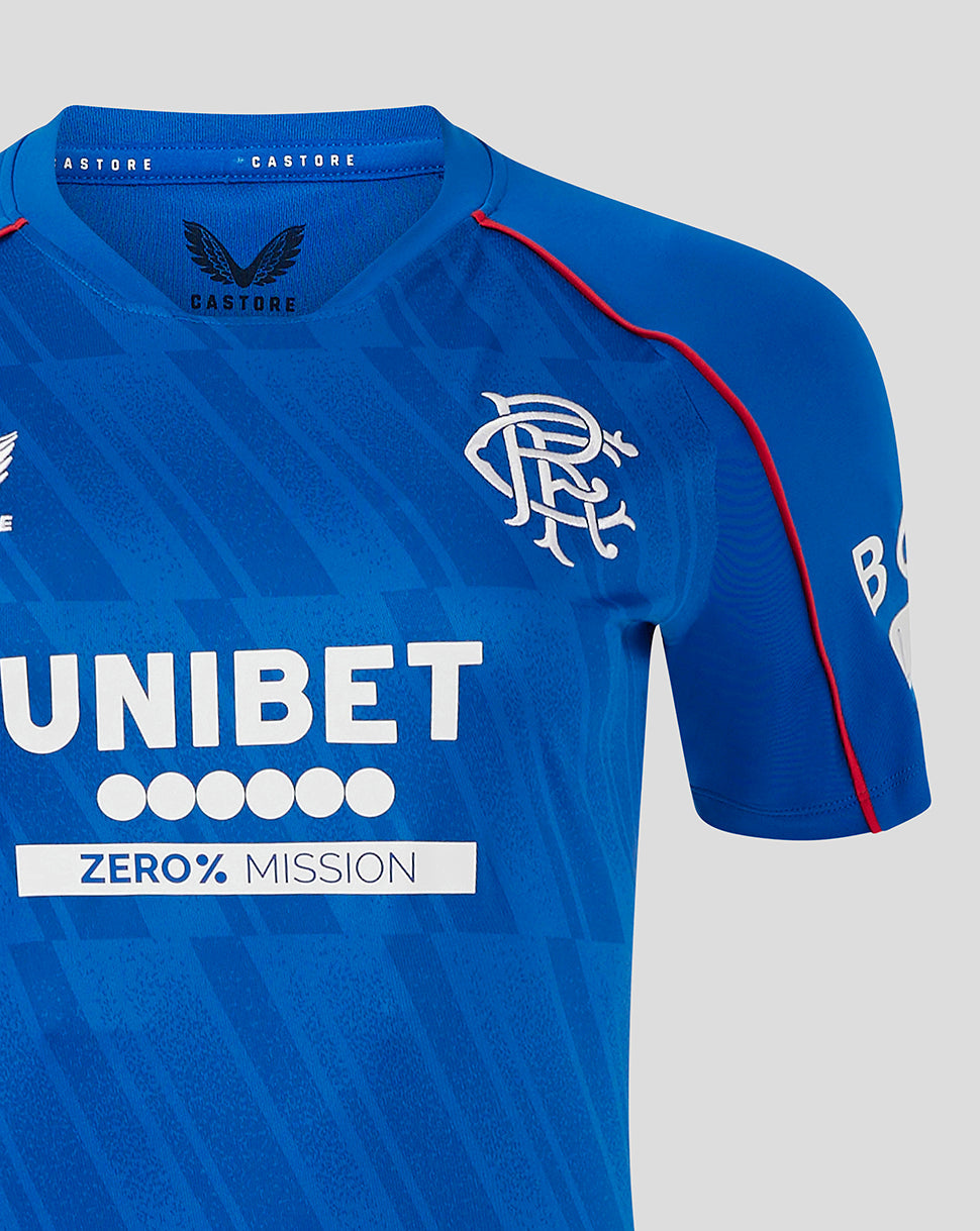 Close up of blue Rangers Home Shirt chest with crest left UNIBET sponsor and front printed pattern