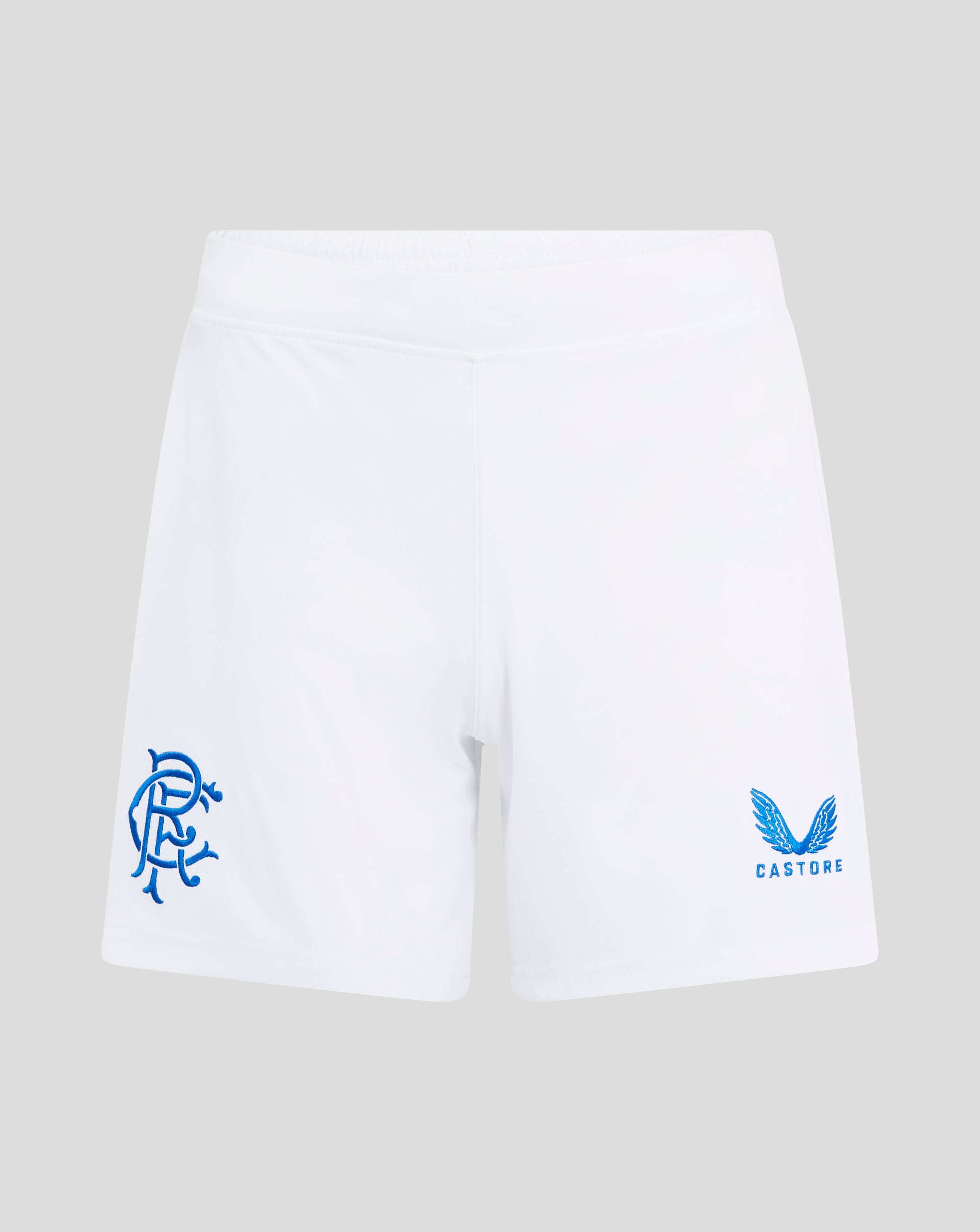 White Rangers Women's 24/25 Home Shorts waist close up with blue crest on the left leg.