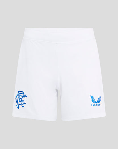 White Rangers Women's 24/25 Home Shorts waist close up with blue crest on the left leg.