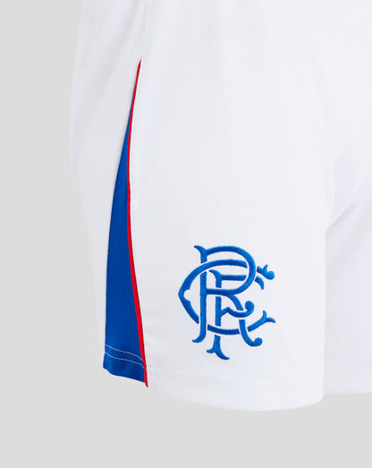 White Rangers Women's 24/25 Home Shorts side view shows red piping and blue panel along seam.