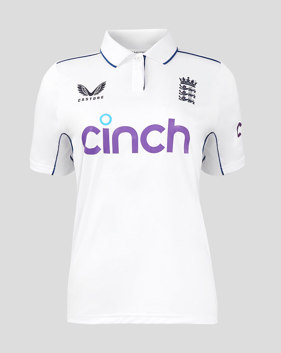 Front view of England Women’s Test Shirt with crest left chest, Castore logo right chest and Cinch across the front; navy trimmed collar.