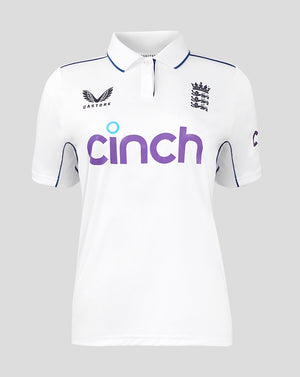Front view of England Women’s Test Shirt with crest left chest, Castore logo right chest and Cinch across the front; navy trimmed collar.