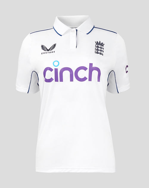 Front view of England Women’s Test Shirt with crest left chest, Castore logo right chest and Cinch across the front; navy trimmed collar.