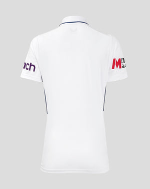Back view of England Women’s Test Shirt with Cinch text on the left sleeve and Metro Bank logo on the opposite sleeve.