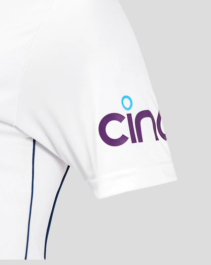 White England women's Test shirt sleeve close up with blue piping and branding