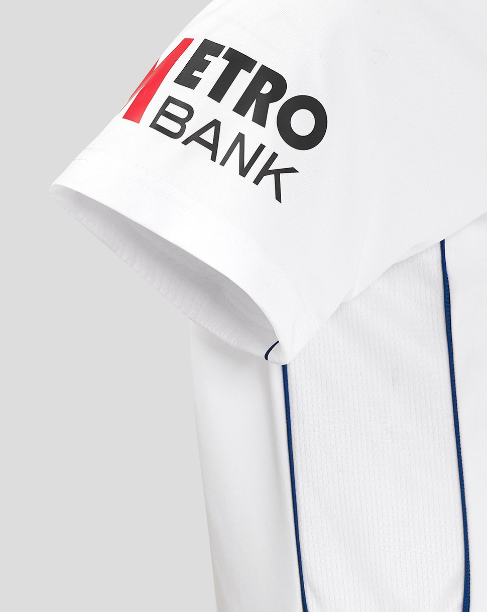Close-up of sleeve displaying Metro Bank sponsor on the white England cricket shirt with navy piping.
