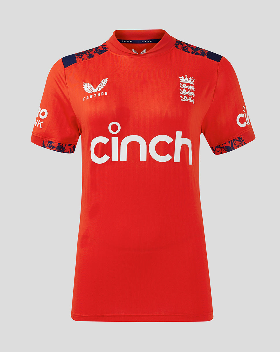 Front view of fiery red England Women's 24/25 T20 shirt with Cinch across chest, England crest left chest and Castore branding right chest