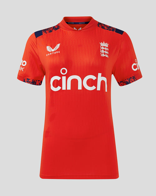 Front view of fiery red England Women's 24/25 T20 shirt with Cinch across chest, England crest left chest and Castore branding right chest