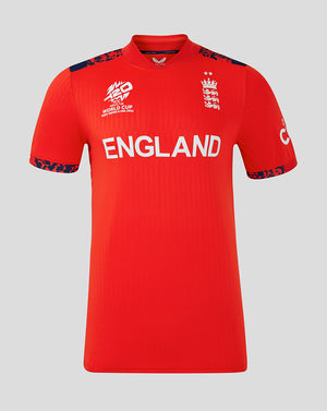 Front view of women's red England 24/25 T20 World Cup shirt featuring England crest on the chest and navy shoulder accents