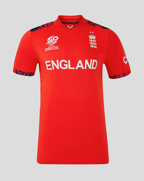 Front view of women's red England 24/25 T20 World Cup shirt featuring England crest on the chest and navy shoulder accents
