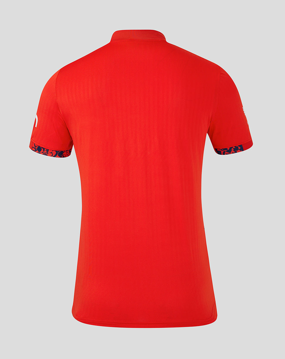 Back view of red England Women's 24/25 T20 World Cup replica shirt with ribbed cross over collar.