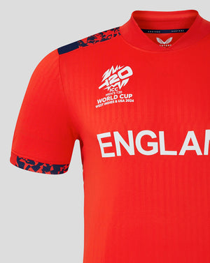 Front close-up of the women's England 24/25 T20 World Cup shirt showing ENGLAND lettering crest and World Cup patch