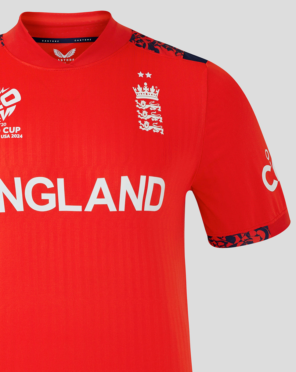 Front view of the red England Women’s World Cup T20 shirt with white crest and ENGLAND lettering.