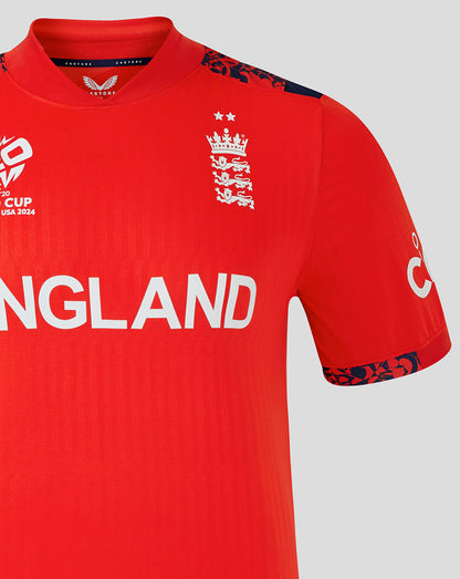 Front view of the red England Women’s World Cup T20 shirt with white crest and ENGLAND lettering.