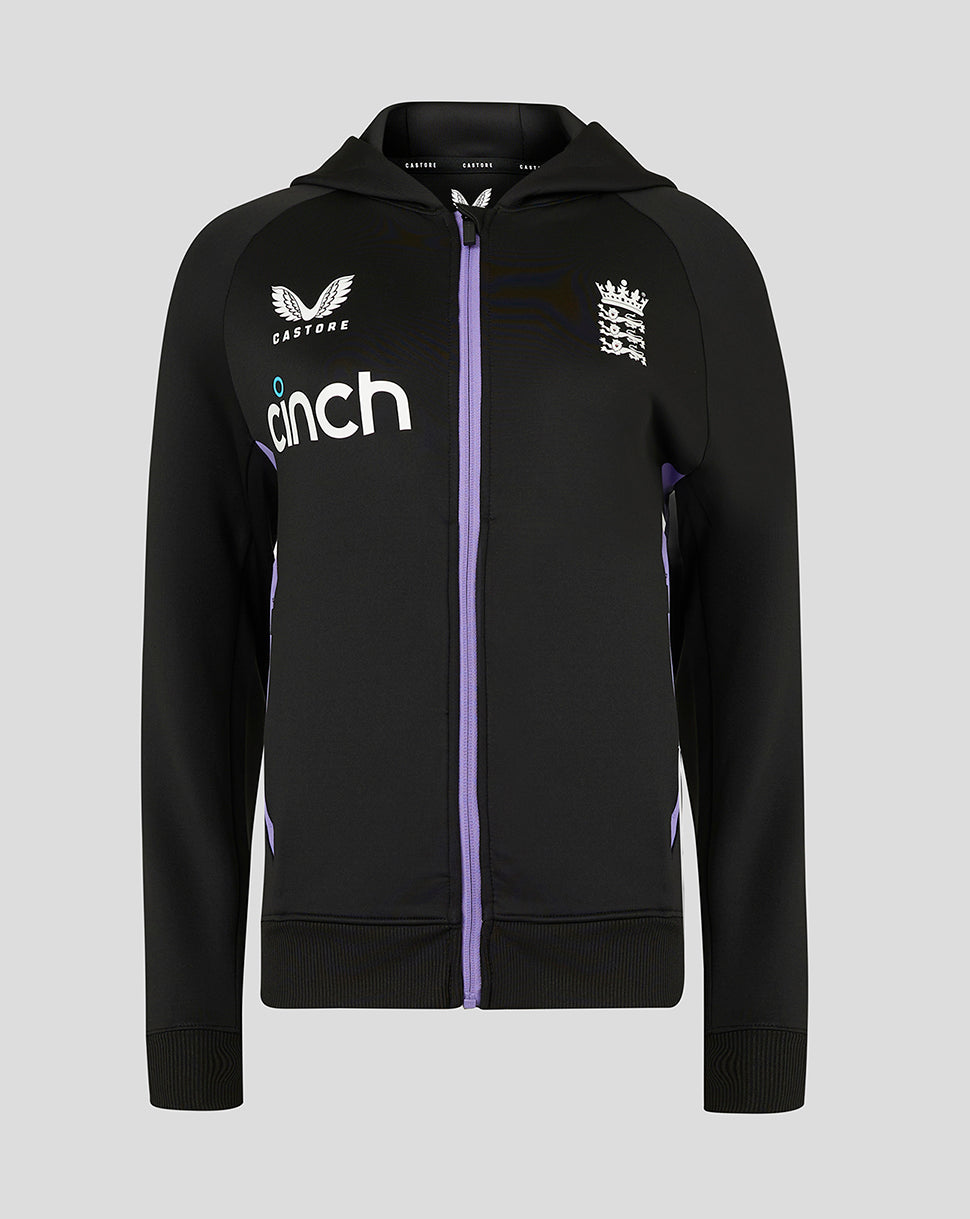 Front view of black England Cricket Women s full zip training hoody with purple zipper and hood