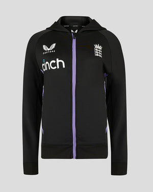 Front view of black England Cricket Women s full zip training hoody with purple zipper and hood