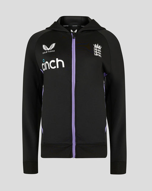Front view of black England Cricket Women s full zip training hoody with purple zipper and hood
