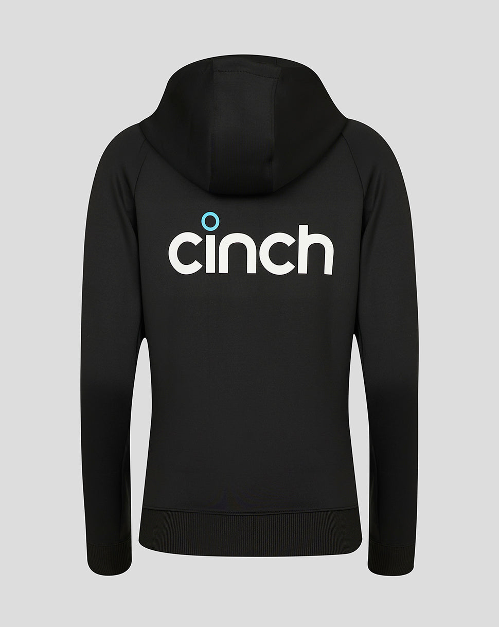 Back view of black England Cricket Women's training hoodie with hood and large white cinch logo across the back.