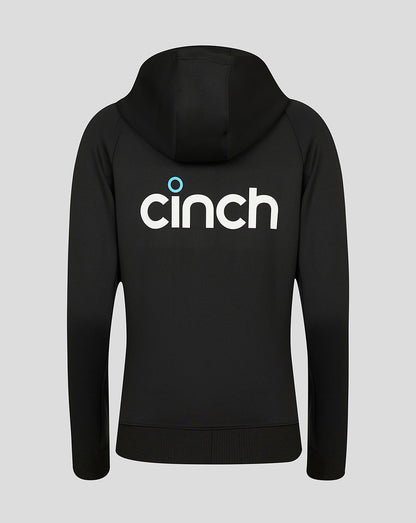 Back view of black England Cricket Women's training hoodie with hood and large white cinch logo across the back.