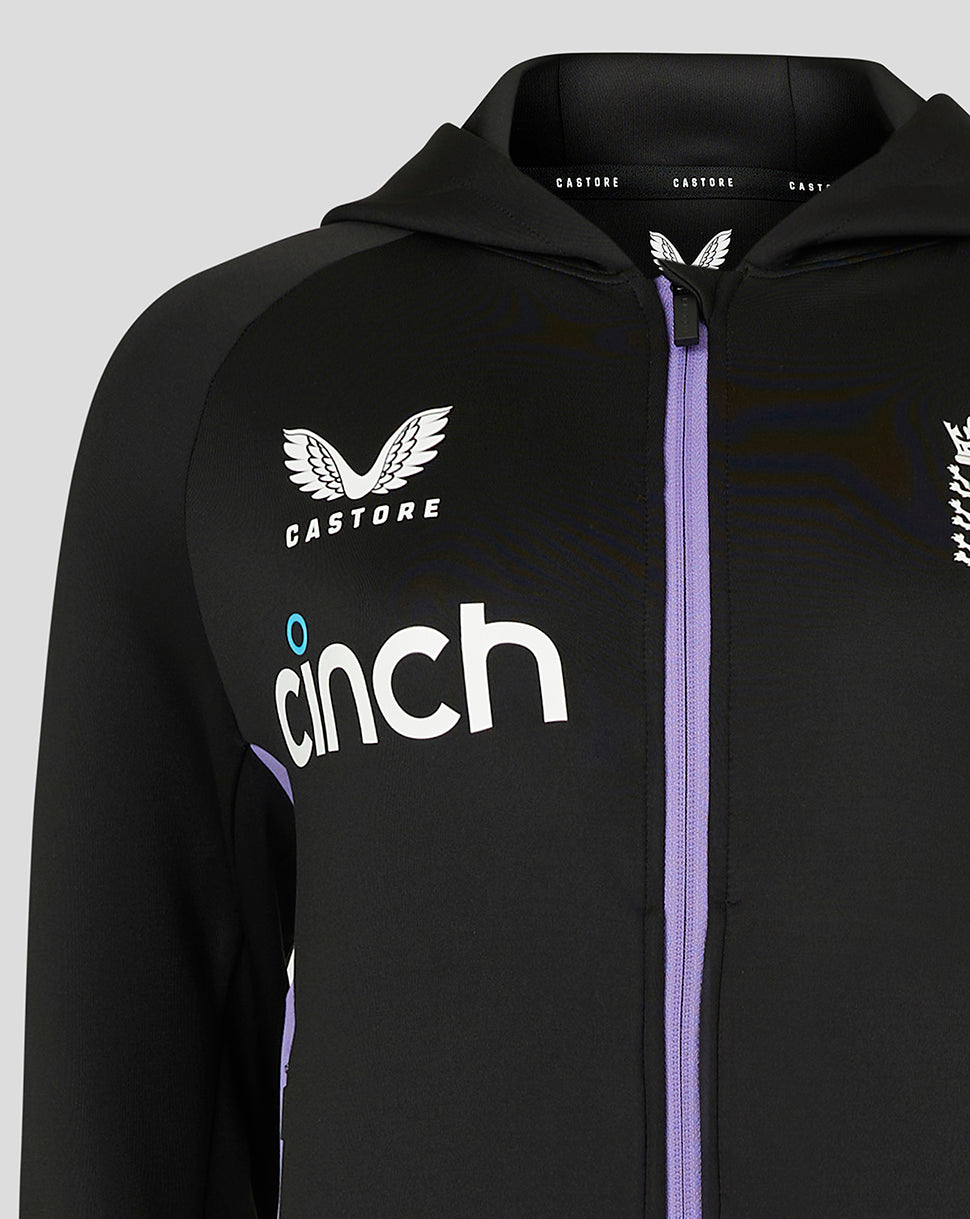 Black England Cricket Women's training full zip hoodie with purple front zipper, hood, contrast side panels, ECB crest left chest, Castore logo right chest, and cinch sponsor across chest.