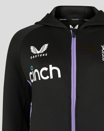 Black England Cricket Women's training full zip hoodie with purple front zipper, hood, contrast side panels, ECB crest left chest, Castore logo right chest, and cinch sponsor across chest.