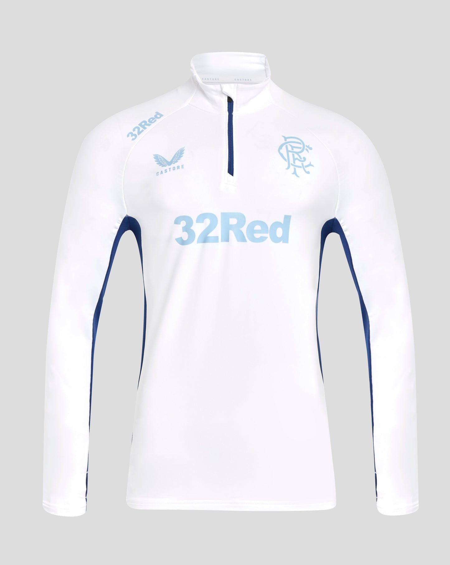 White Rangers women's Pro Players 1/4 Zip training top with a light blue crest on the chest and 32Red across the front.