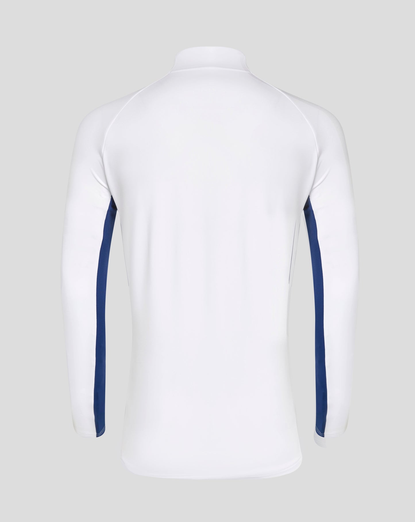 Back view of white Rangers 24/25 women's pro zip training top with blue side panels