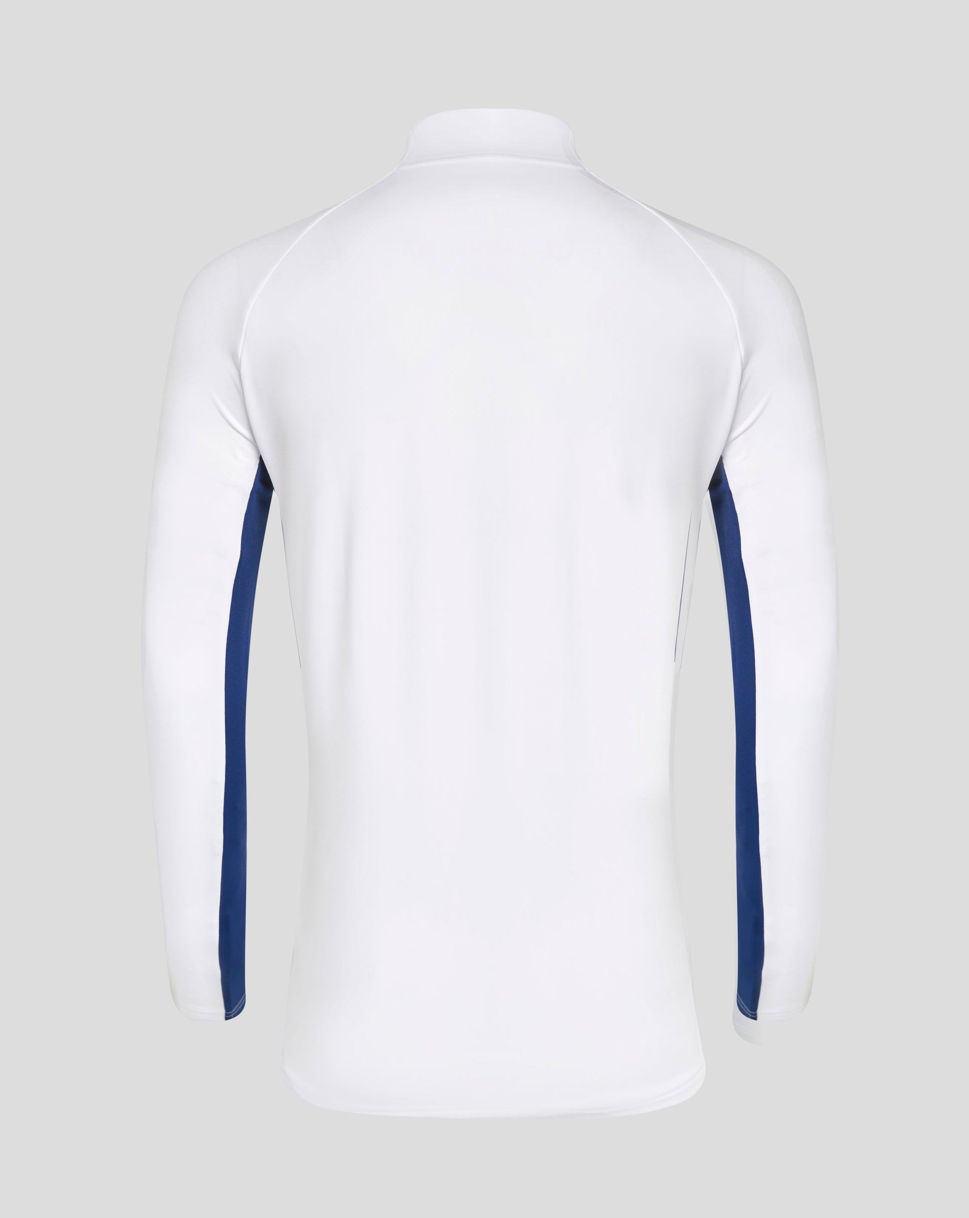 Back view of white Rangers 24/25 women's pro zip training top with blue side panels