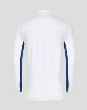 Back view of white Rangers 24/25 women's pro zip training top with blue side panels