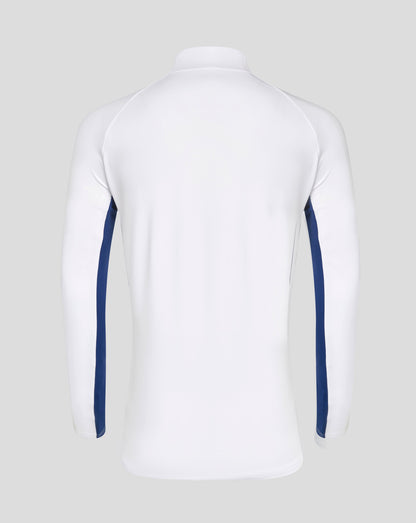 Back view of white Rangers 24/25 women's pro zip training top with blue side panels