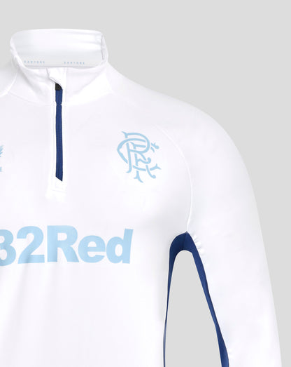 Collar close up of white training top with blue zipper and light blue crest on chest and Castore branding inside collar