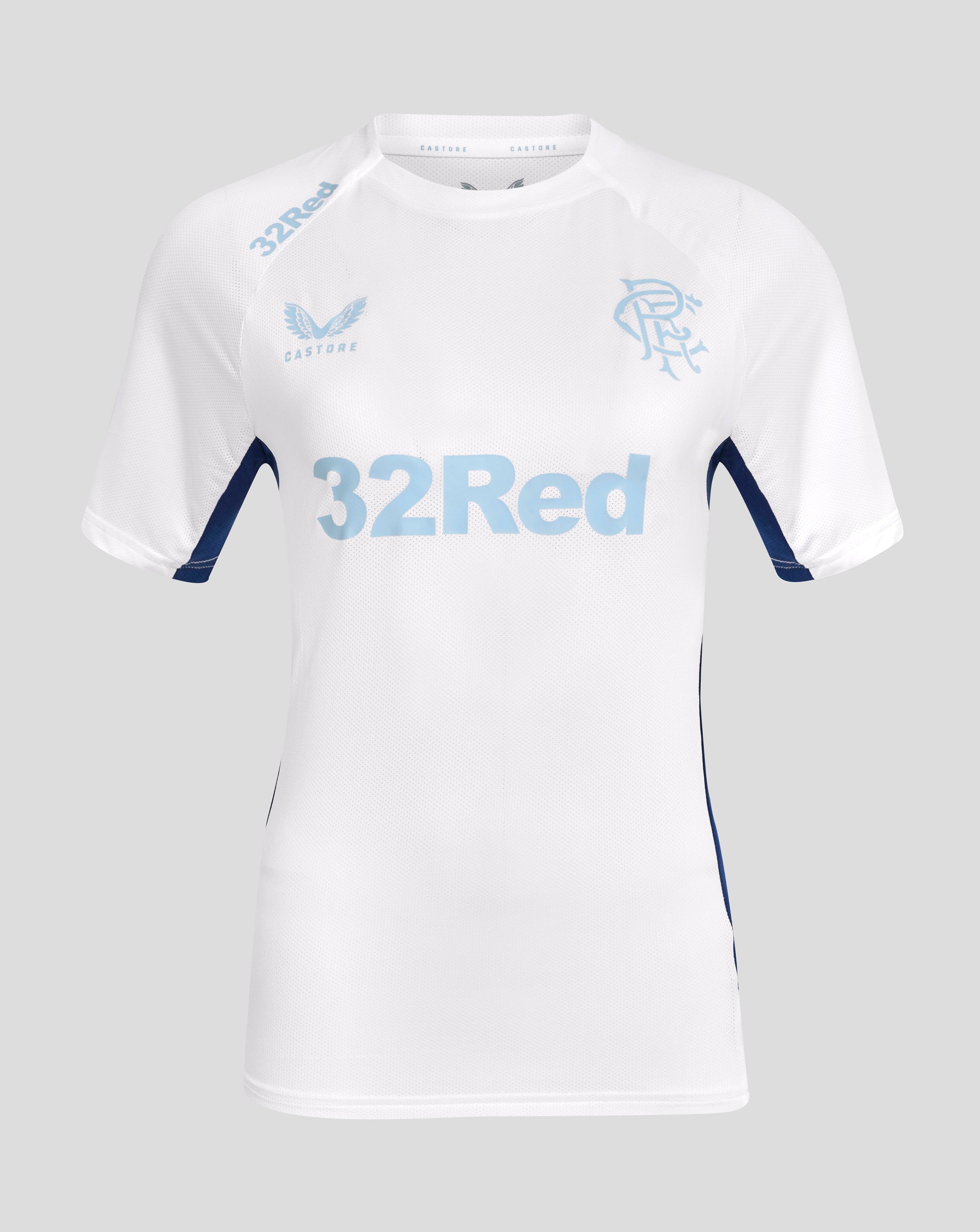 Front view of white women's Pro Players Training Short Sleeve Tee with light blue 32Red sponsor and crest details