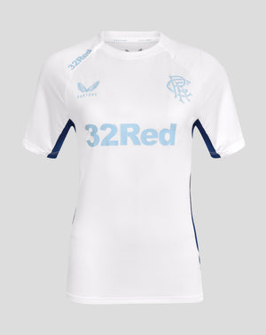 Front view of white women's Pro Players Training Short Sleeve Tee with light blue 32Red sponsor and crest details
