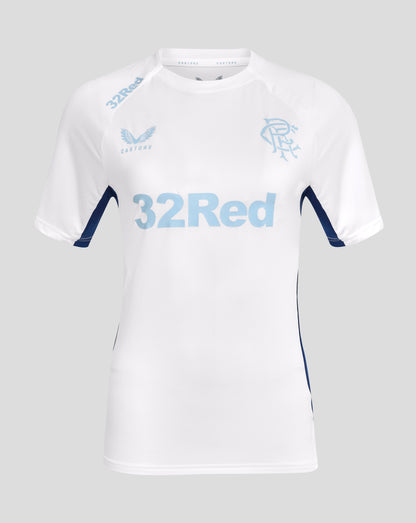 Front view of white women's Pro Players Training Short Sleeve Tee with light blue 32Red sponsor and crest details