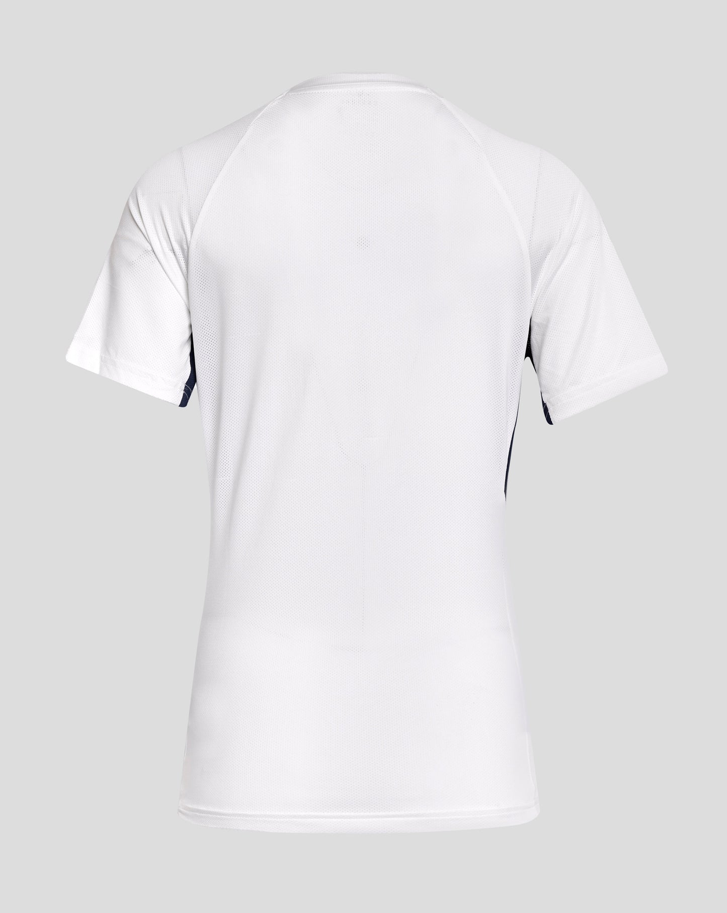 Back view of white mesh Rangers training short sleeve tee on a gray background