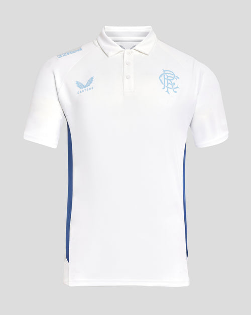 White Rangers 24/25 womens pro players presentation polo with light blue crest on chest and Castore logo