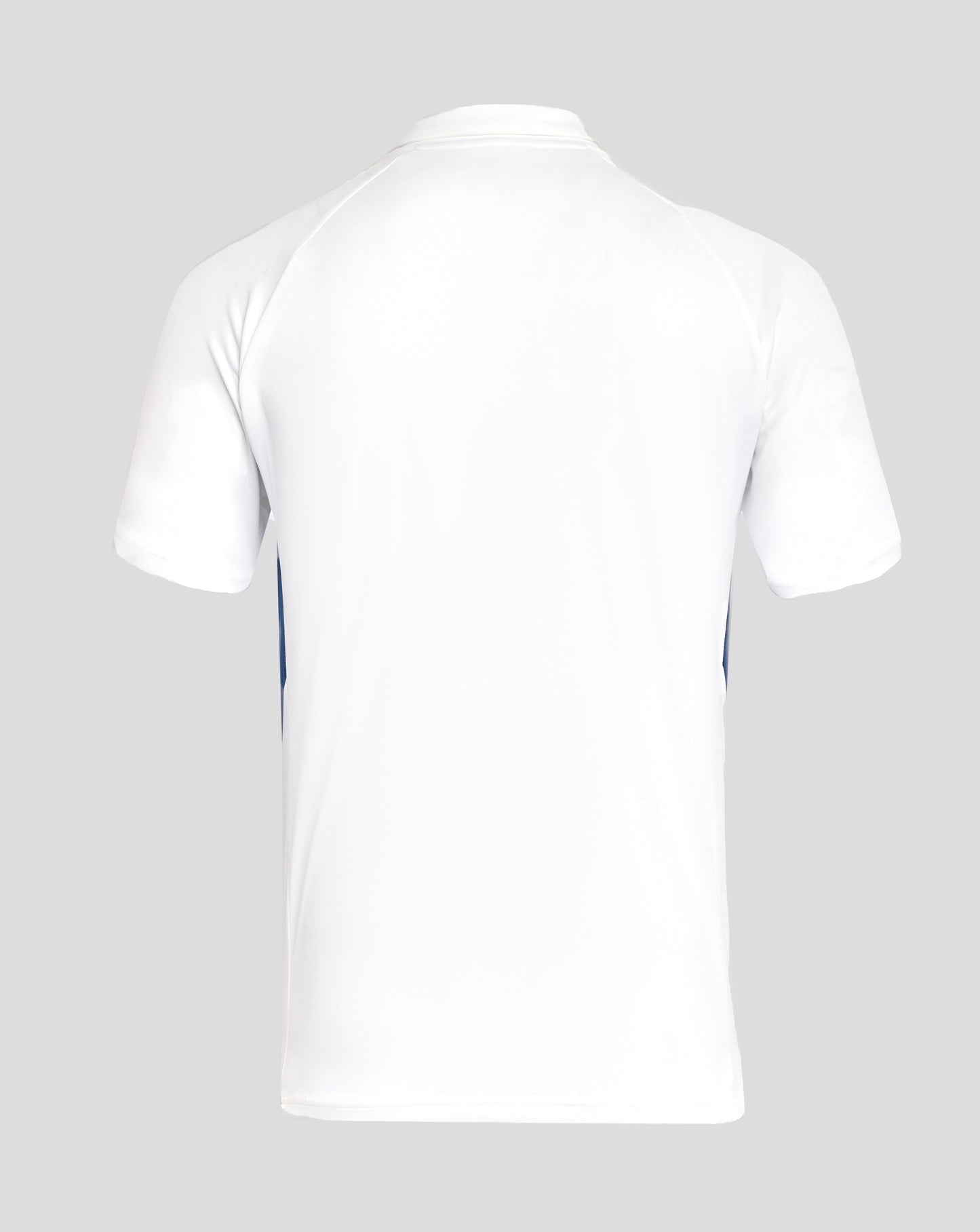 Back view of a white Rangers presentation polo showing blue side panels and clean seams