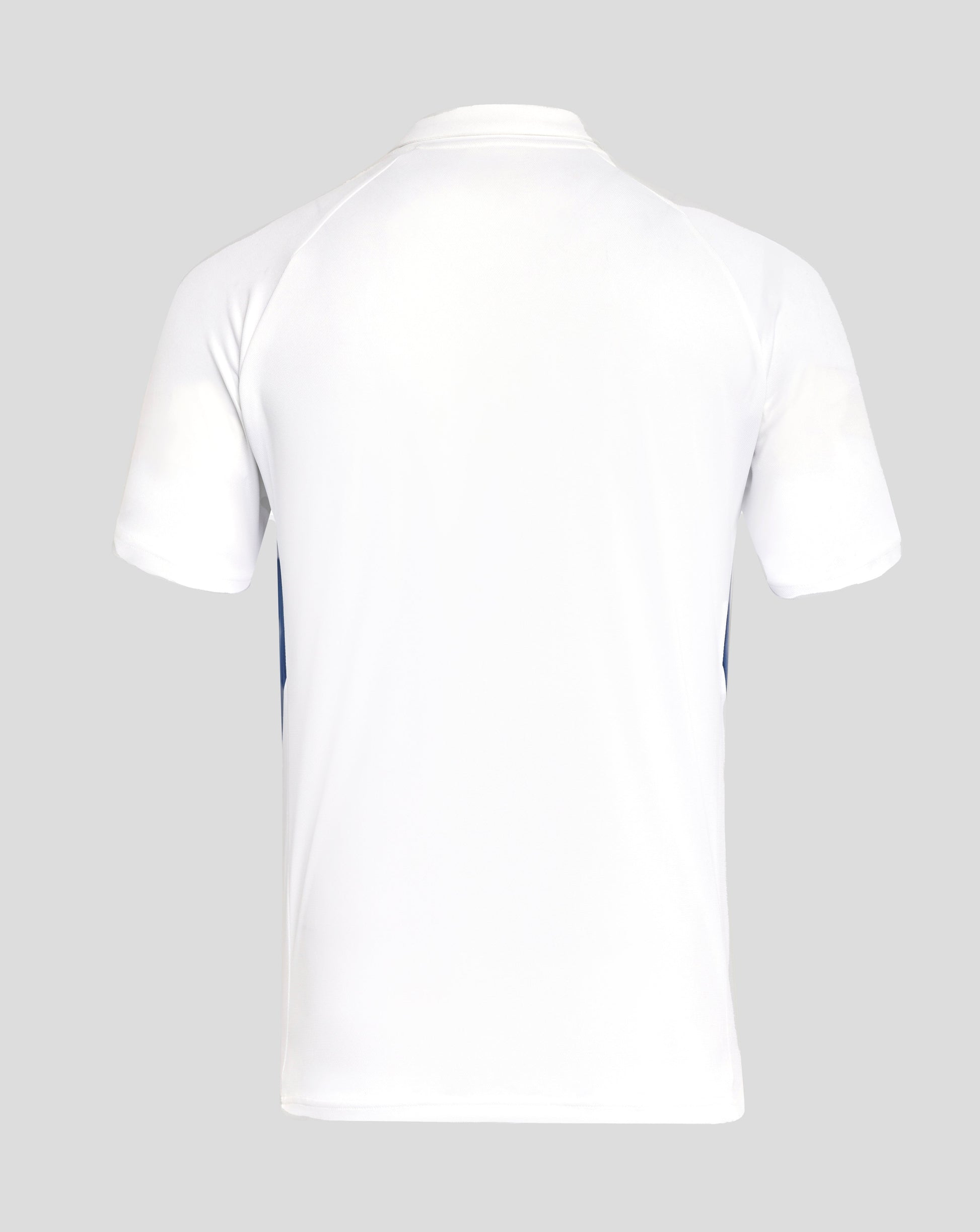 Back view of a white Rangers presentation polo showing blue side panels and clean seams