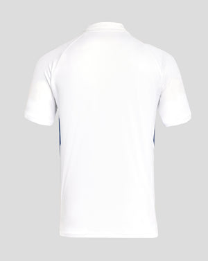 Back view of a white Rangers presentation polo showing blue side panels and clean seams