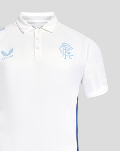 White Rangers 24/25 women's polo with light blue club crest on the chest, Castore logo, and blue piping along the side seam