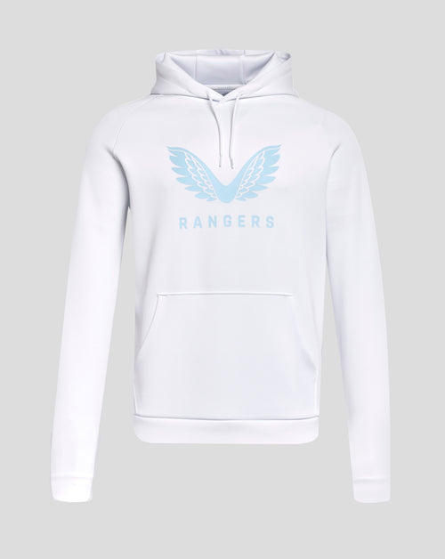 White Rangers 24/25 Womens Pro Players Scuba Lock Up Logo Hoody with light blue wing logo on the chest.