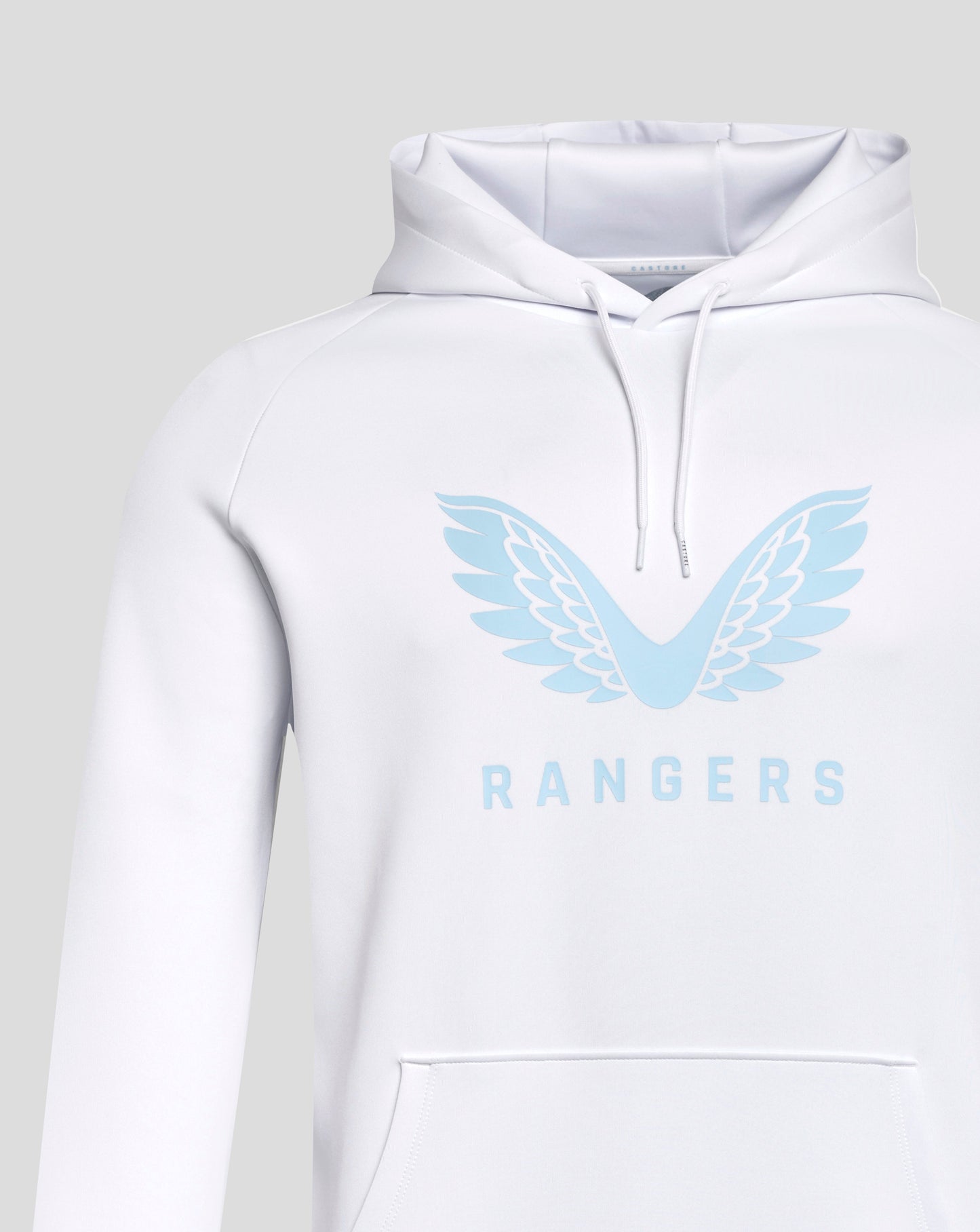 White Rangers hoodie close up showing pale blue wing graphic across chest
