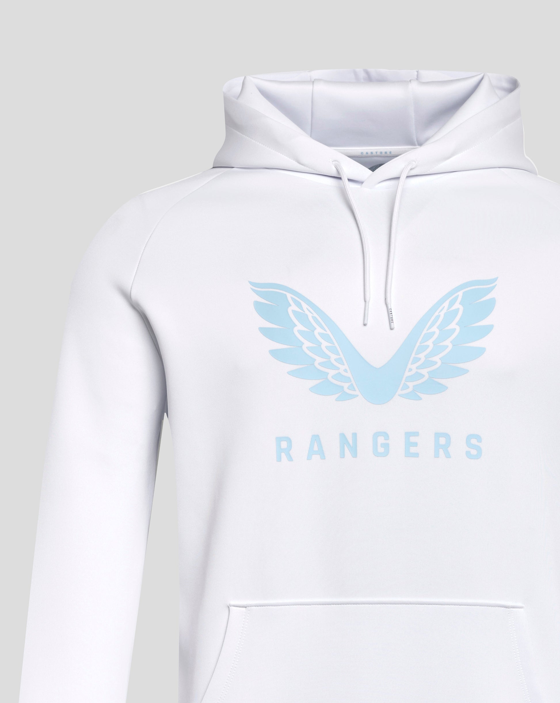 White Rangers hoodie close up showing pale blue wing graphic across chest