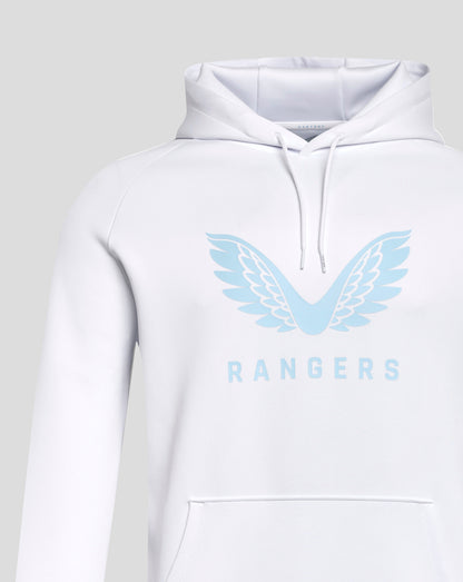 White Rangers hoodie close up showing pale blue wing graphic across chest
