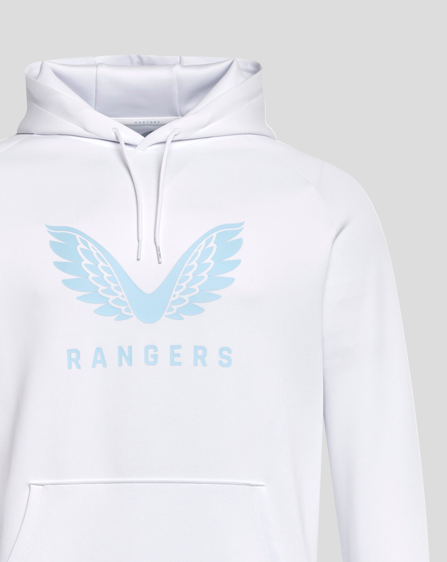 White Rangers pro hoodie with blue crest on right chest and Castore logo on left, zippered front