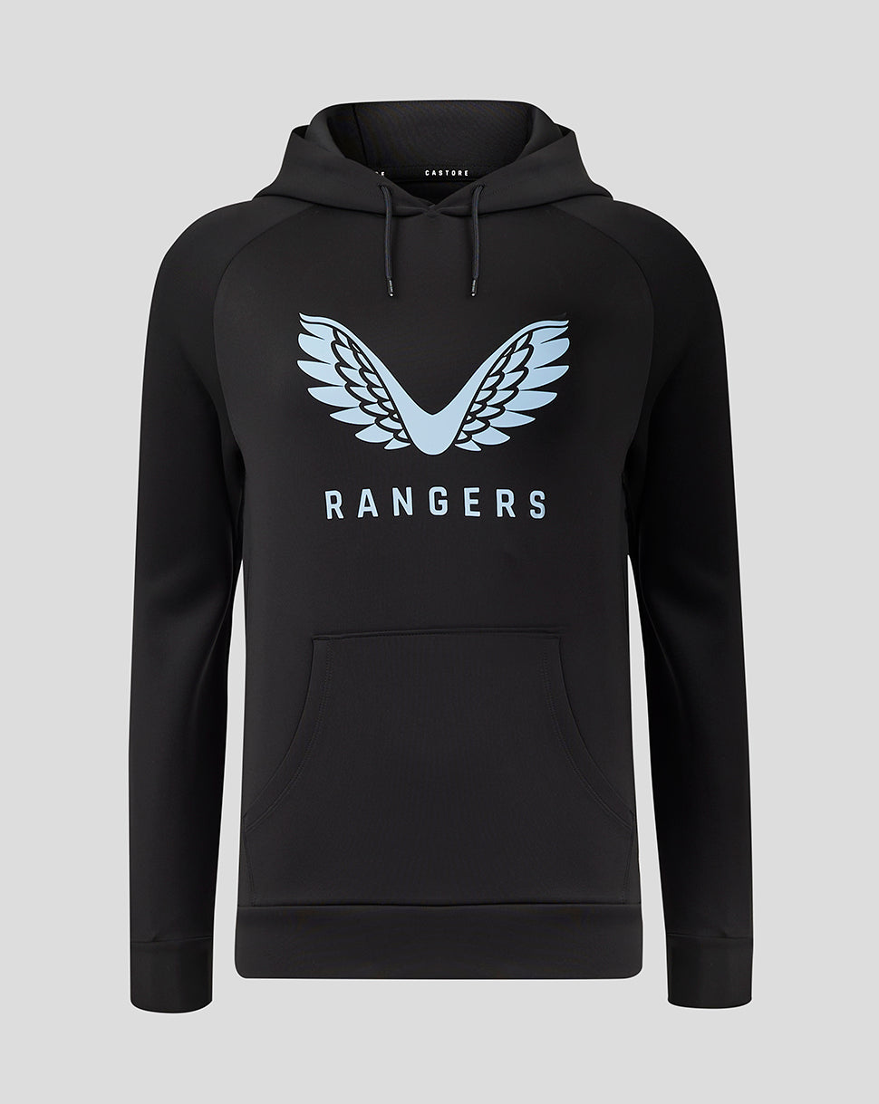 Women's Rangers hoodie in black with large light blue winged crest and front kangaroo pocket.