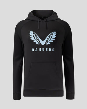 Women's Rangers hoodie in black with large light blue winged crest and front kangaroo pocket.
