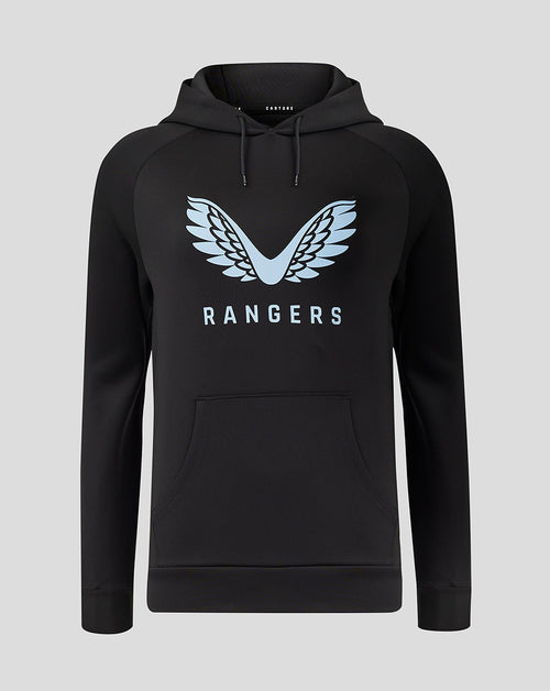 Women's Rangers hoodie in black with large light blue winged crest and front kangaroo pocket.