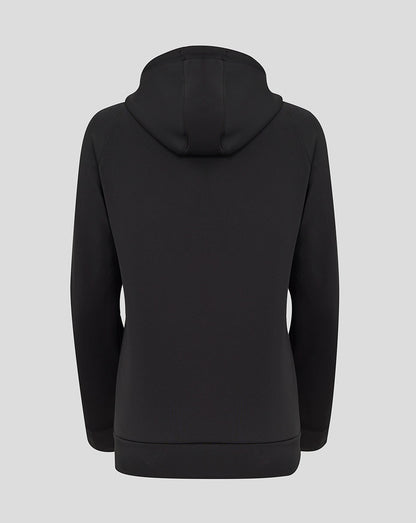 Back view of black Rangers hoodie with attached hood and clean ribbed hem.
